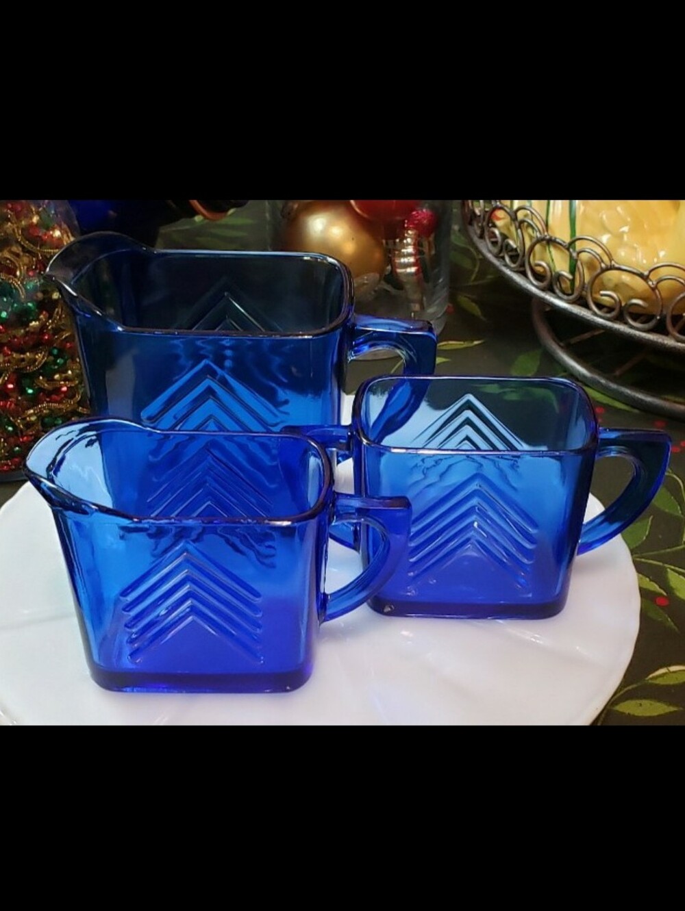 Set Of Three (3) Vintage Hazel Atlas Cobalt Blue Creamer & Sugar Set